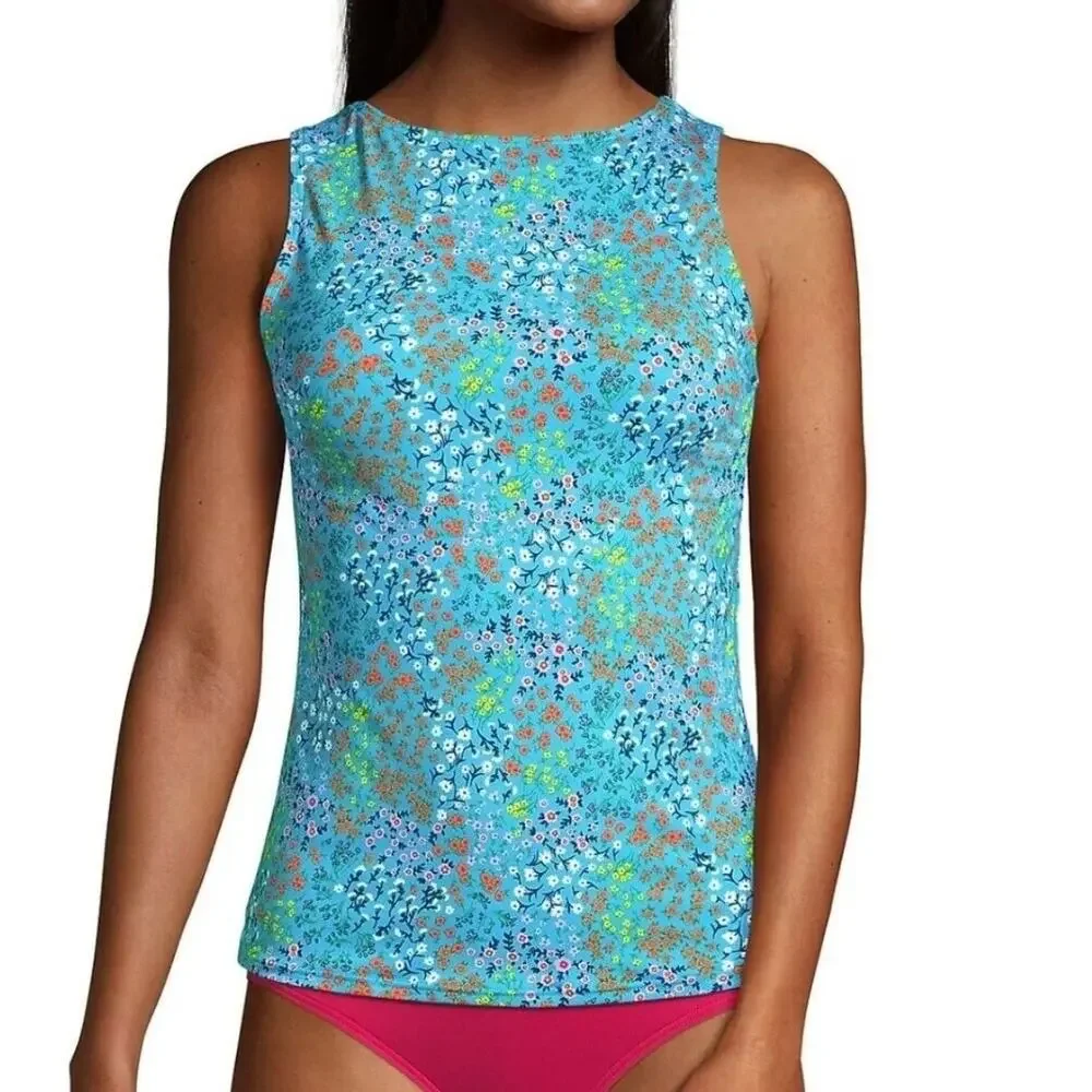 Lands End Floral Tankini Tank Top Womens Size 4 Turquoise UPF 50 Swim Beach